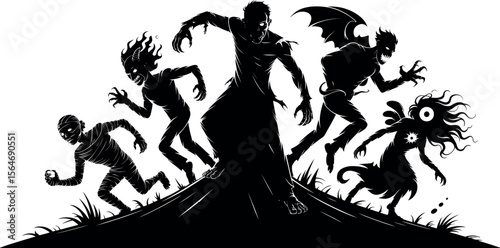 A group of scary monsters and creatures in a silhouette style silhouette