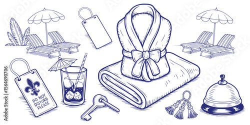 Hotel Staycation Relaxation with Amenities Depicted in a Whimsical Blue Line Art Illustration