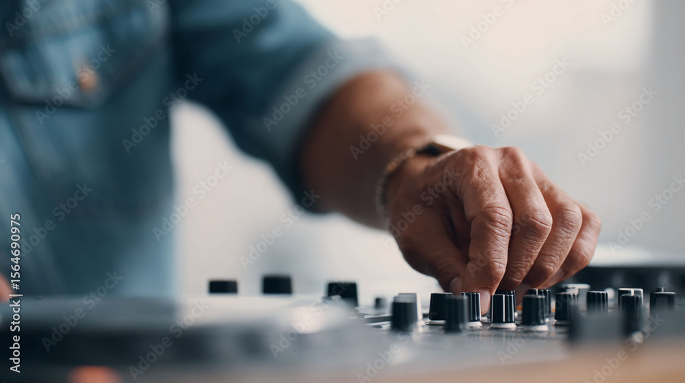 Closeup of a hand manipulating knobs on a DJ mixing console. Represents control, music production, and creative sound design. Perfect for audio or entertainment industry visuals. Closeup of a hand manipulating knobs on a DJ mixing console. Represents control, music production, and creative sound design. Perfect for audio or entertainment industry visuals.