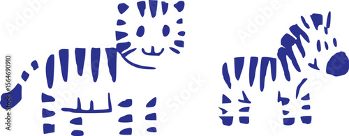 Whimsical Blue Zebra Duo A Playful and Artistic Depiction of Wildlife with Abstract Shapes and Bold Color
