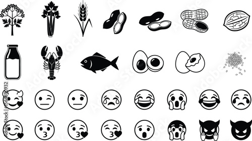 A collection of black and white allergy icons including food items and various emotional expressions