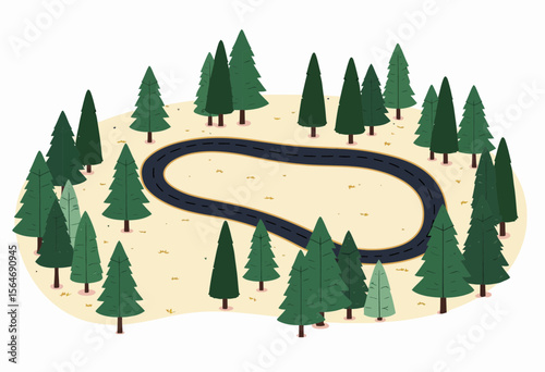 Illustration of winding road through lush green forested area  