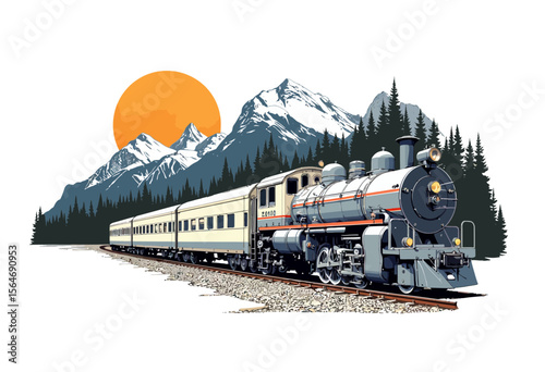 Vintage steam train traveling through mountainous landscape at sunset  