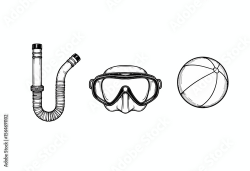 Snorkel, diving mask, and basketball for summer sports activities  
