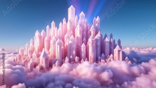 A stunning crystal formation towers over soft clouds, illuminated by colorful rays from the sky, creating a dreamlike landscape at dusk