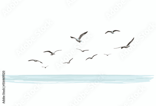Flock of birds flying over calm blue ocean in watercolor style  