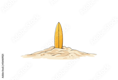 Yellow surfboard buried in sand at a beach setting  