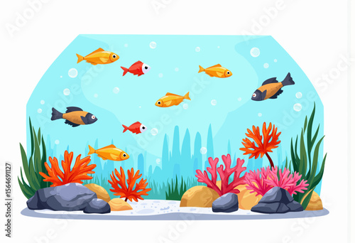 Colorful aquarium scene with fish and coral reef elements  
