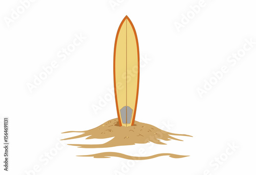 Surfboard standing upright in sand on a beach  