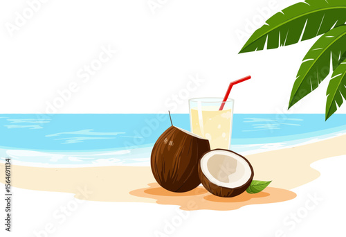 Coconut drink with straw on sandy beach background  