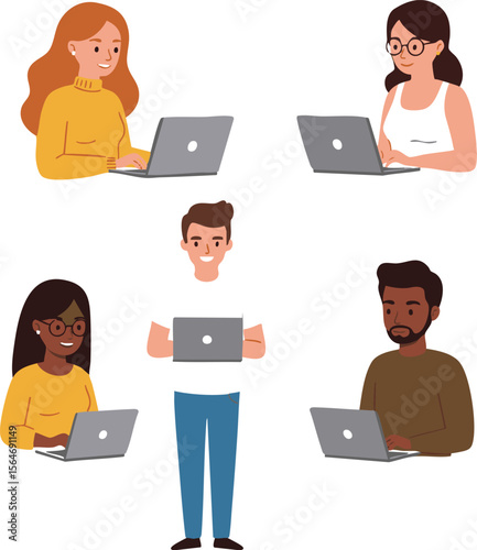 Diverse group of people collaborating and working together on laptops in a modern office setting