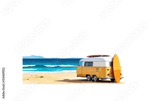 Vintage camper van parked on sandy beach with surfboard nearby  