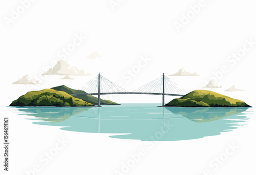 Suspension bridge connecting two green islands over calm water  
