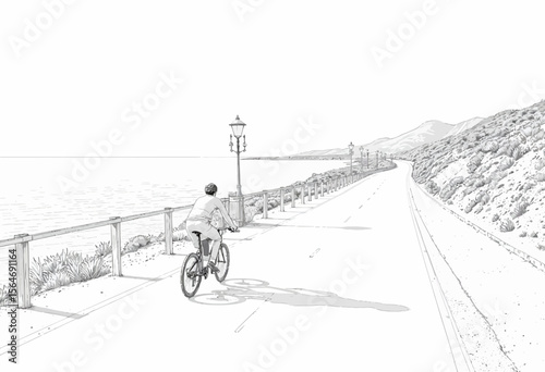 Man riding bicycle along coastal path with scenic view  