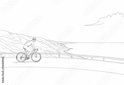 Cyclist riding along coastal road with ocean view in line art style  