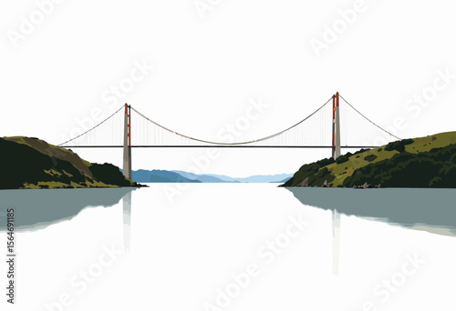 Scenic suspension bridge over calm water with surrounding hills  