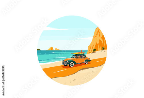 Vintage car driving on beach road with ocean and cliffs in background  
