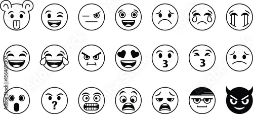 A collection of twenty one different black and white outline emoji faces expressing various emotions