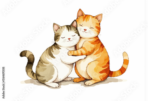 Two cute cartoon cats hugging each other with happy expressions  