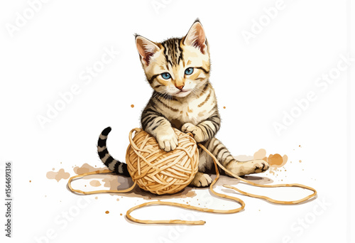 Playful kitten playing with ball of yarn on white background  