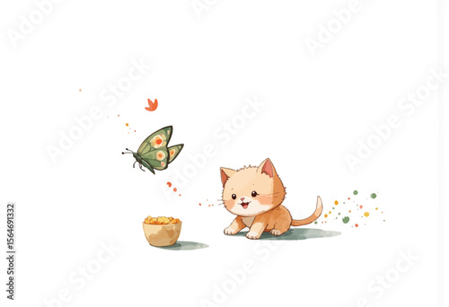 Cute kitten playing with a butterfly near a food bowl  