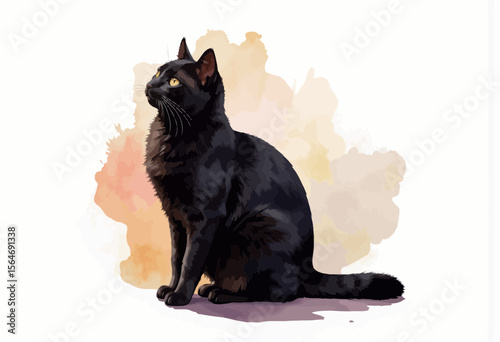 Black cat sitting gracefully with a watercolor background  