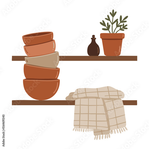 Ceramic Shelf with Clay Bowls, Linen Towel and Herb Pot, Earth Tone Vector