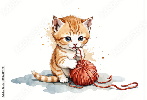 Playful orange kitten playing with red yarn ball on white background  