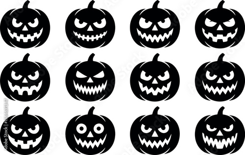 Collection of twelve different scary jack o lantern pumpkin faces silhouette