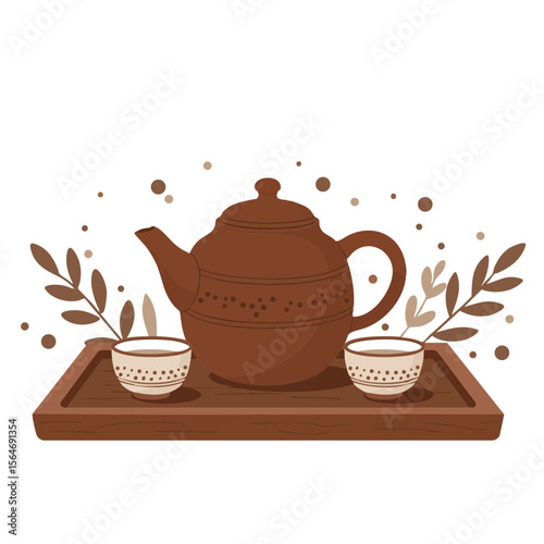 Clay Teapot with Cups on Wooden Tray, Leaf Motifs and Dots, Flat Kitchen Vector