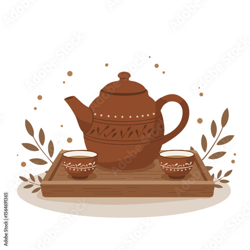 Clay Teapot with Cups on Wooden Tray, Leaf Motifs and Dots, Flat Kitchen Vector