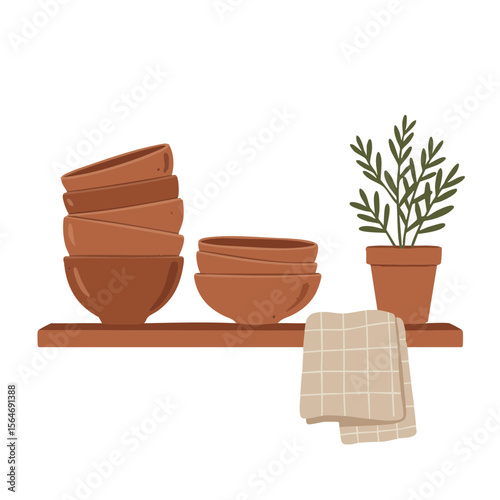 Ceramic Shelf with Clay Bowls, Linen Towel and Herb Pot, Earth Tone Vector