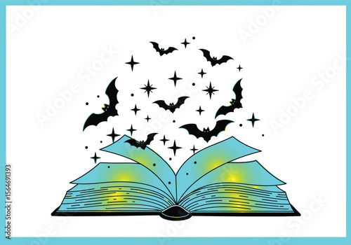 Magic open book with flying bats and stars. Vector silhouette illustration for Halloween, fantasy, or spooky stories.