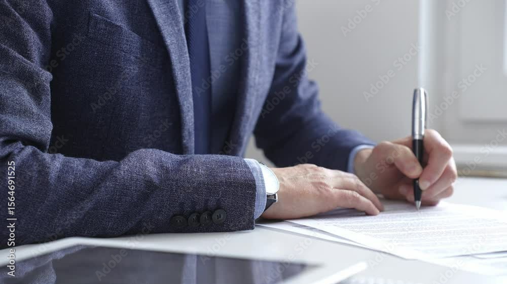 Professional businessman signing contract with silver pen, wearing tailored suit, business documents and digital tablet nearby. Business people concept