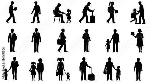 Silhouette Set of Adults and Children in Daily Life Poses