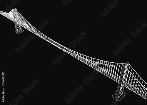 Suspension bridge 3D model features two tall towers connected by intricate cables, showcasing detailed engineering design. The structure stands out against a sleek black background.
