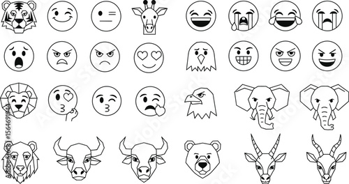 Various line art drawings of animal faces and emoji faces arranged in a grid on a white background