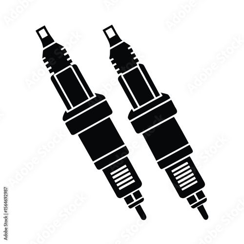Two automotive spark plugs black and white silhouette vector illustration