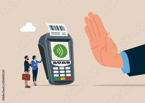 Anti corruption scene with illegal bribe money transfer. Businessman hand refuse to take illegal POS point of sale terminal for credit card payment. Flat vector illustration