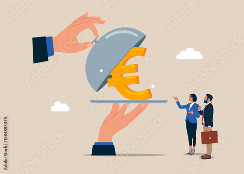 Open silver cloche to see European currency symbol Euro. Savings, Collecting Money in Account, Open Bank Deposit. World economic vision for business, technology, investment. Flat vector illustration