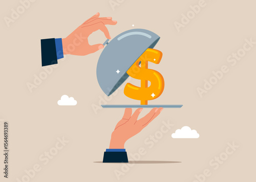 Open silver cloche to see American currency symbol Dollar. Savings, Collecting Money in Account, Open Bank Deposit. World economic vision for business, technology, investment. Flat vector illustration