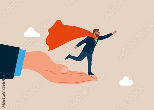 God hand reach to help or recuse Superhero. Solve business problemHelping hand support in career development. Best worker, courage and determination. Modern vector illustration in flat style