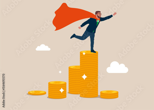 Dreamer Superhero stands on pile of coins. Best worker, courage. Flat vector illustration