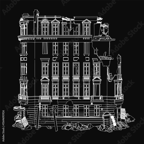 A black and white drawing of a destroyed house with numerous broken windows and crumbling walls, set against a dark background. The structure appears abandoned and in severe disrepair.