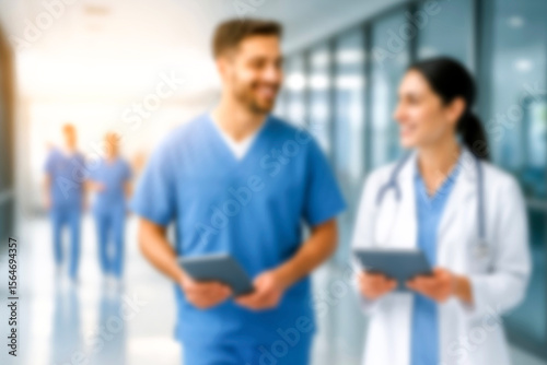 blurred for background. blurred figures of doctors and nurses in a hospital corridor. Doctors and nurses walking in hospital hallway. blurred motion. Moving human figure in the clinic corridor
