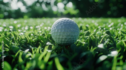 A close-up of a white golf ball on a tee or the green grass of a golf course, ready for play in this outdoor sport