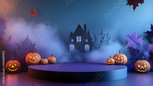 Eerie Halloween Night Backdrop with Pumpkins and Haunted House in a Smoky Scene