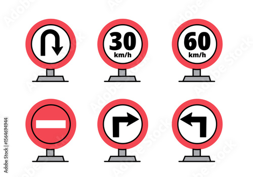 Set of traffic signs and speed icons including U-turn, speed limit (30 & 60 km/h), no entry, and mandatory turn directions. Flat and bold style.