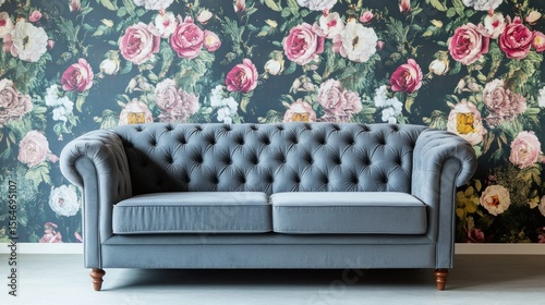 Contemporary home interior with comfortable red and green sofas, stylish decor, and floral accents in a modern living room design