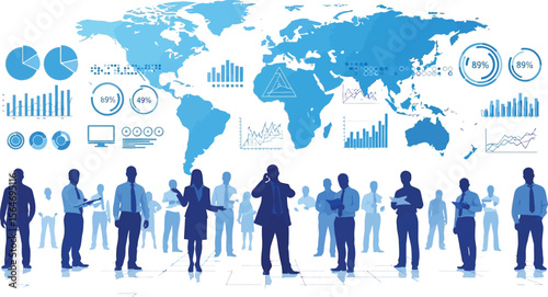 Global business team analytics and data visualization world map background